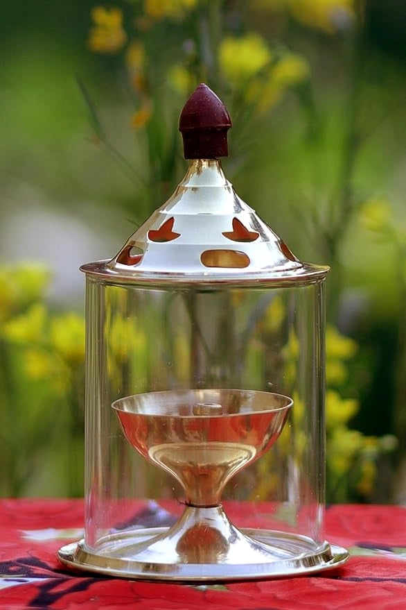 Brass and Glass Akhand Deep Diya with Cover for Puja | Deepam Jyot Diya Oil Lamp